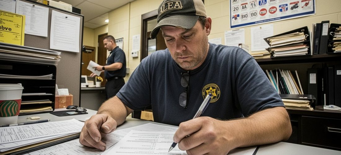 Driver completing paperwork at an Alabama ALEA driver license office