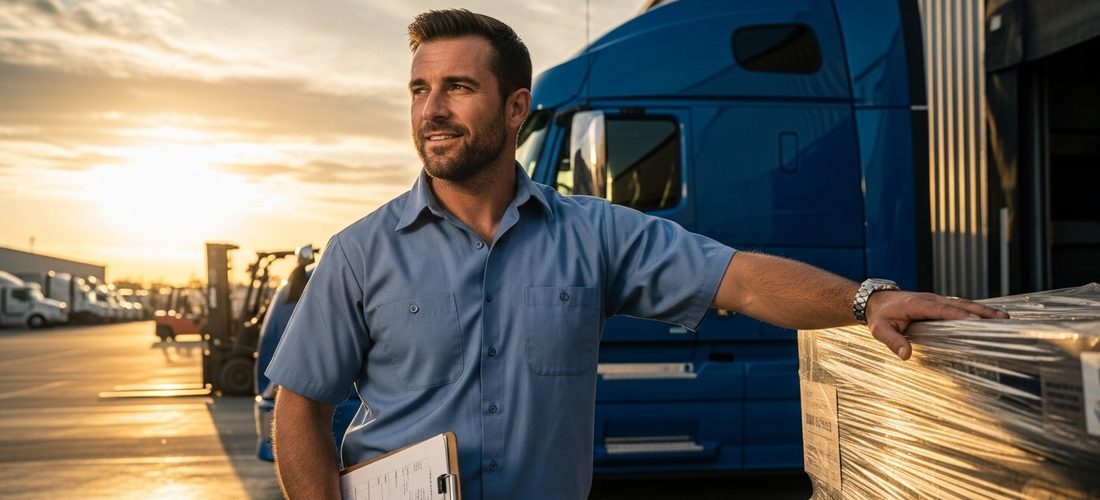 Professional CDL driver at a loading dock at golden hour