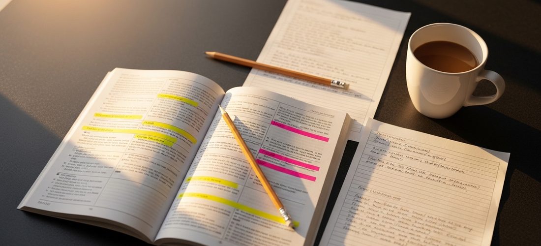 CDL study materials with highlighted notes and coffee