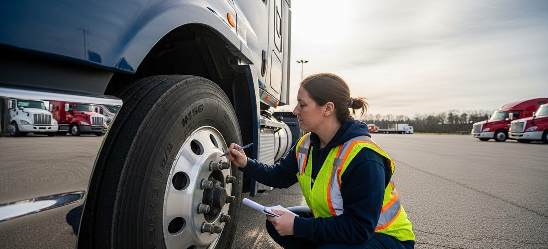 CDL student performing a pre-trip vehicle inspection