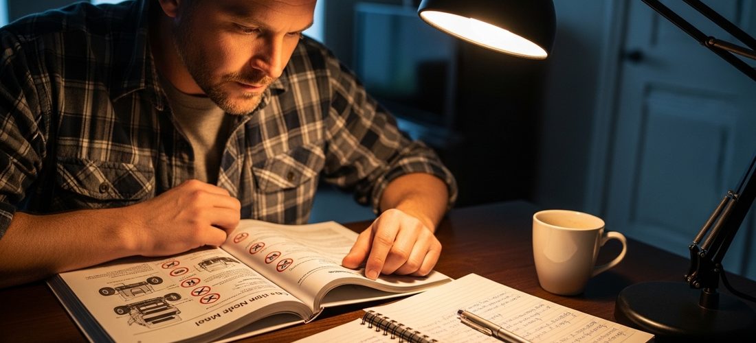Driver studying the CDL manual under a desk lamp